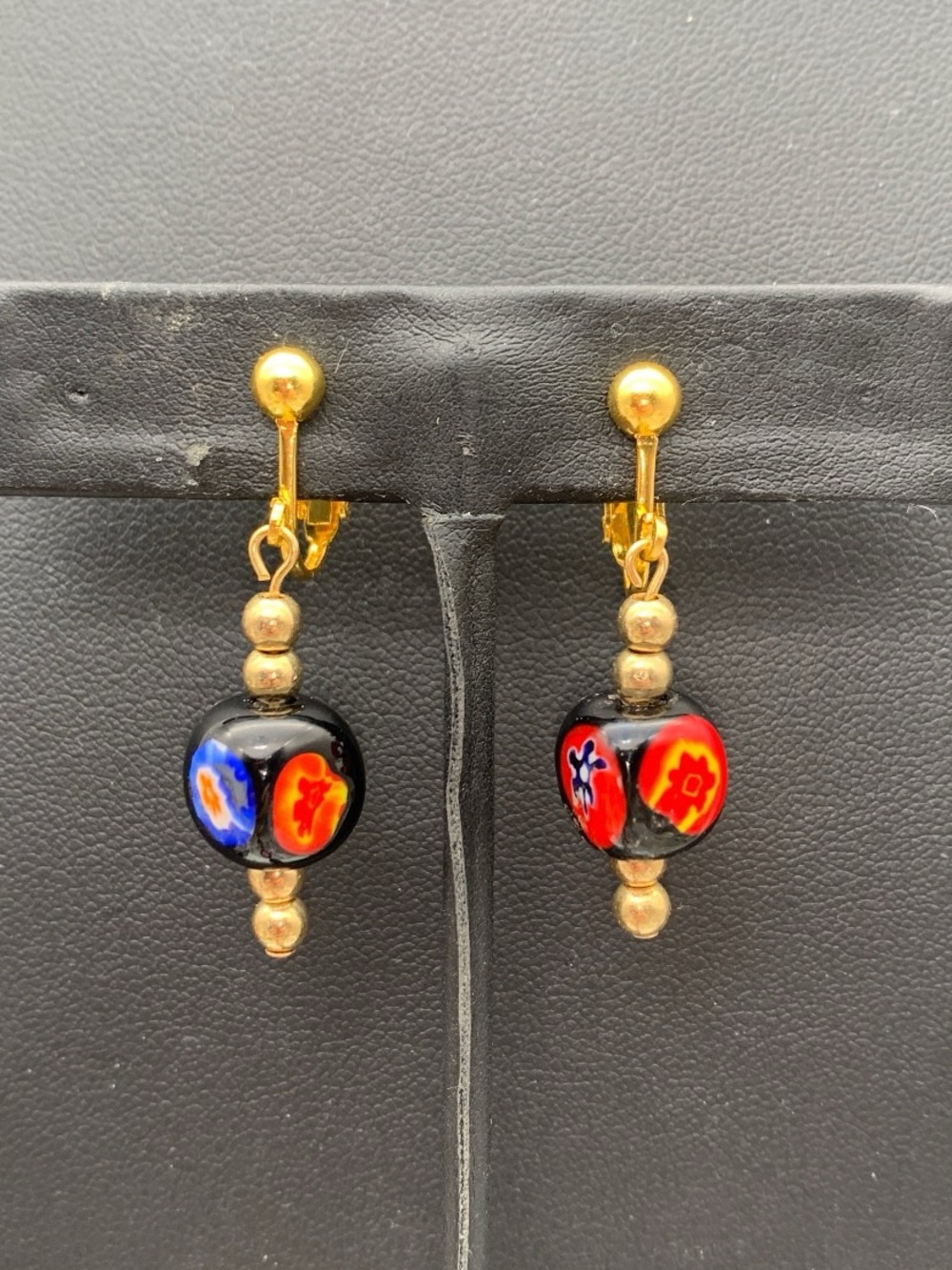 Gold-Tone Black Millefiori Glass Drop clip on Earrings - Red & Blue Accents